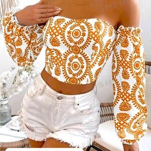 Orange and white off shoulder puffy sleeve cropped summer top